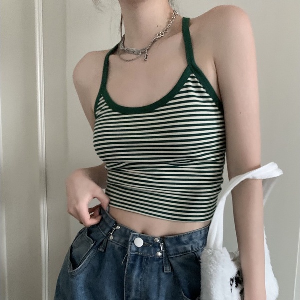 Áo Hai Dây Hở Lưng Họa Tiết Kẻ Sọc Phong Cách Hàn Quốc Quyến Rũ Cho Nữ