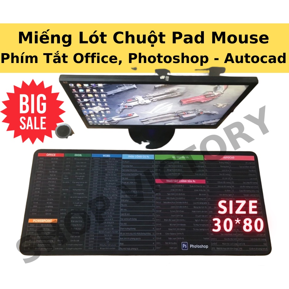 MIẾNG LÓT CHUỘT PAD MOUSE KHỦNG 30 X 80 CM - CÓ PHÍM TẮT OFFICE , PHOTOSHOP-AUTOCAD