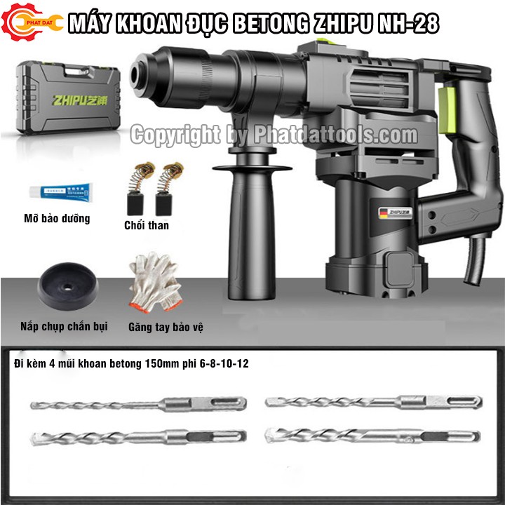 Máy Khoan Đục Bê Tông ZHIPU Z1C-NH-28-Tặng Kèm 4 Mũi Khoan Betong,2 Mũi Đục-Bảo Hành Chính Hãng 6 Tháng