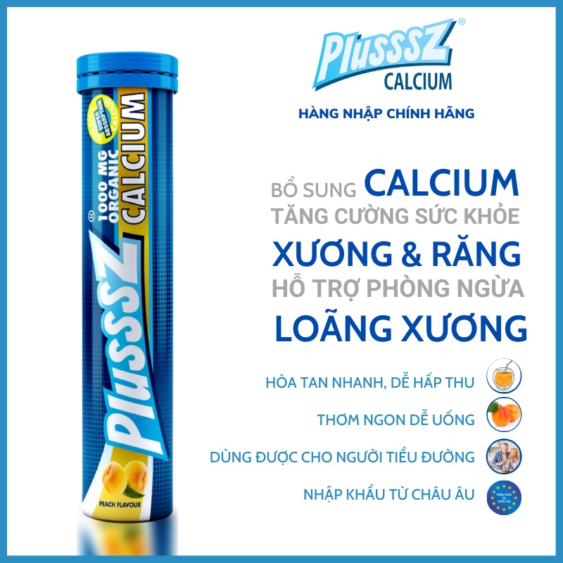 Viên sủi bổ sung canxi tăng cường sức khỏe xương răng Plusssz Calcium vị Đào chanh leo không đường