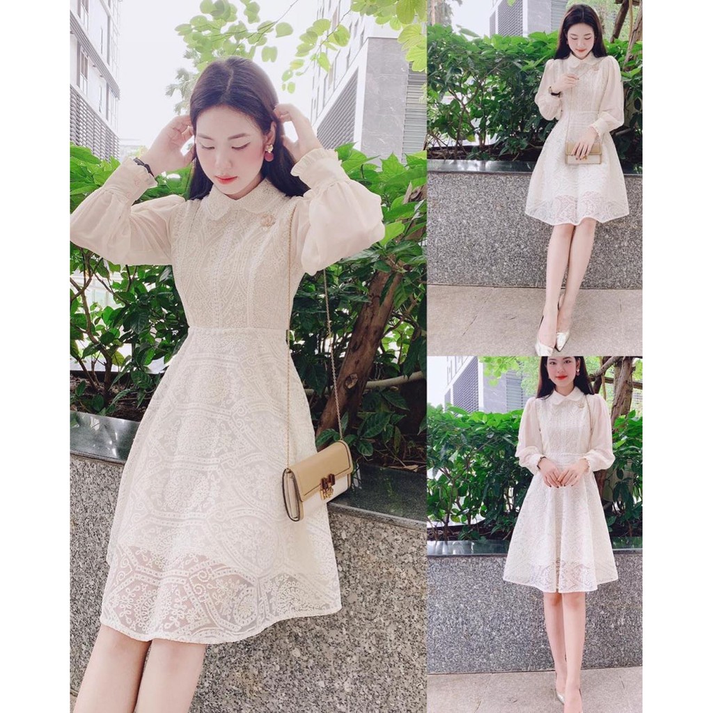 Váy ren xòe họa tiết, Đầm tiểu thư cổ tàu phối ren đi tiệc siêu xinh - Yuter Dress