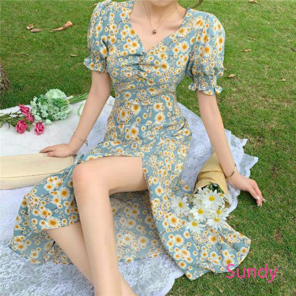 Đầm Tay Phồng In Họa Tiết Hoa Cúc Dễ Thương Dành Cho Bạn Gái