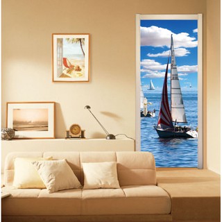 [210*90CM] Tranh 3D dán tường-decal dán cửa-Thuyền buồm-Decal nguyên miếng - GDO25-SHOP-0101