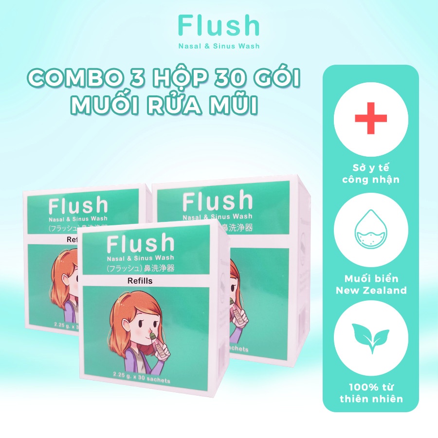 Combo 3 Hộp Muối Rửa Mũi FLUSH Tinh Khiết Từ Biển NewZealand An Toàn Cho Trẻ Hộp 30 Gói