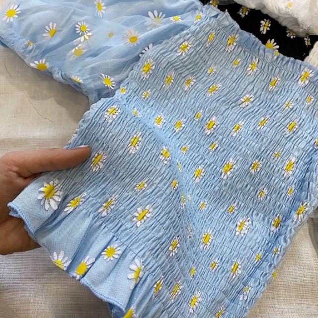 ÁO CROPTOP TRỄ VAI HỌA TIẾT HOA CÚC HỌA MI SIÊU XINH BO CHUN
