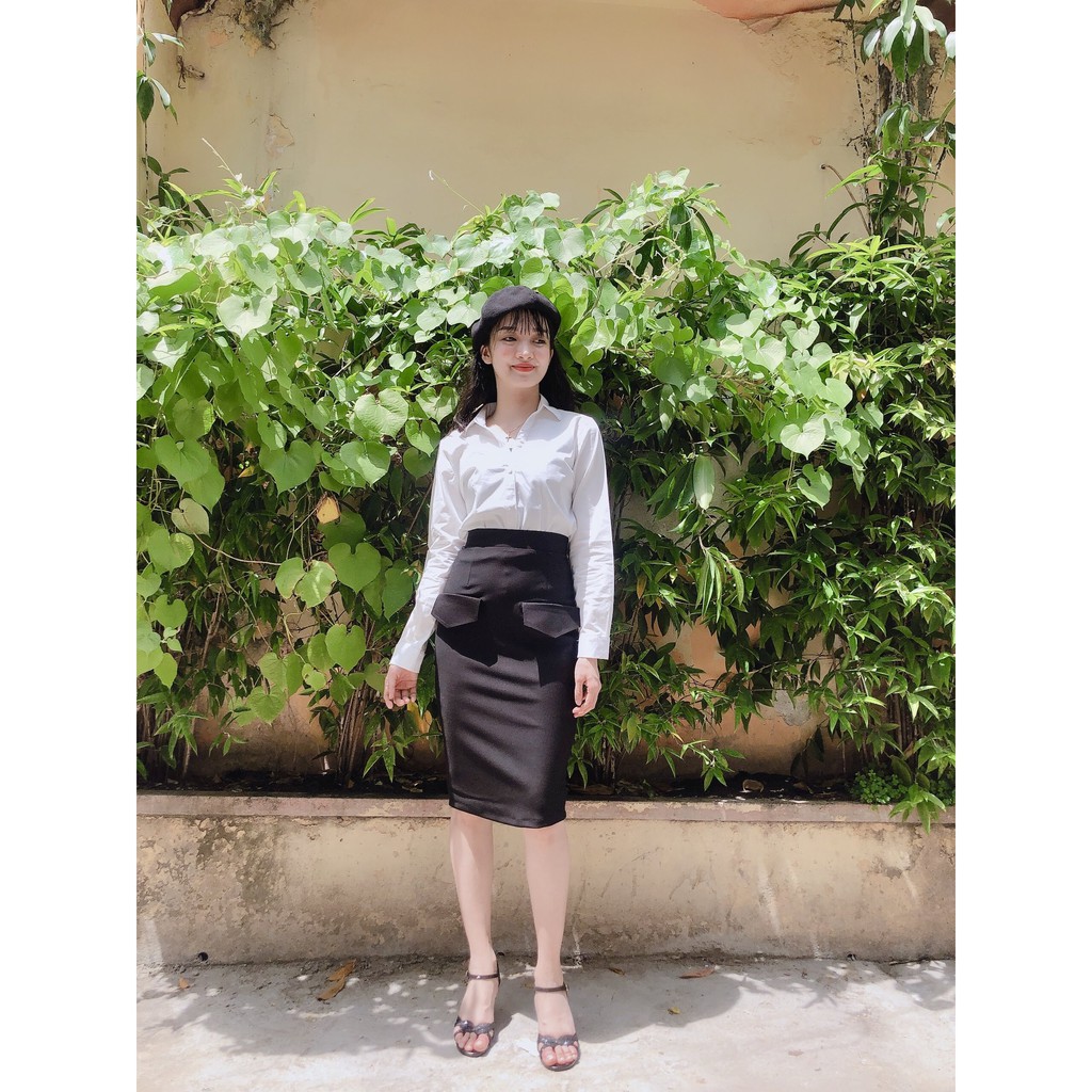 Chân váy công sở dài bigsize phối nắp túi màu đen dài 63cm [size từ 48-85kg] | BigBuy360 - bigbuy360.vn