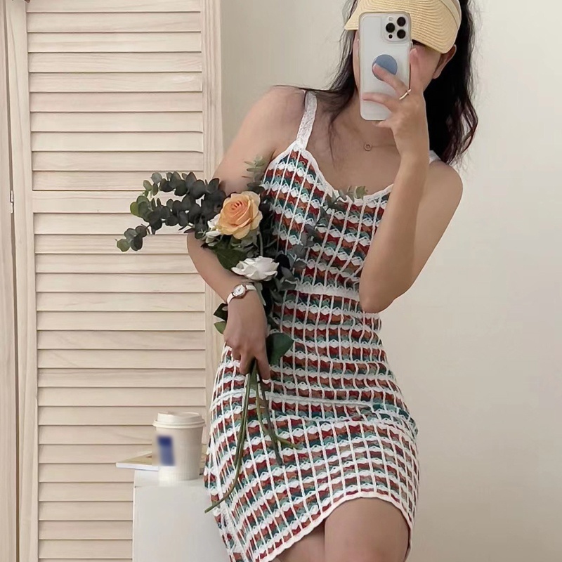 Đầm Chữ A Lưng Cao Không Tay Họa Tiết Kẻ Sọc Nhiều Màu Sắc Dành Cho Nữ