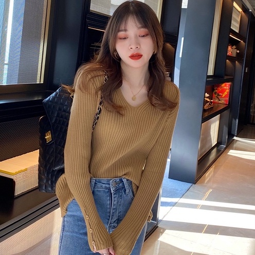 Áo len ZHELIHANGFEI tay dài cổ chữ V dễ phối đồ tùy chọn màu sắc