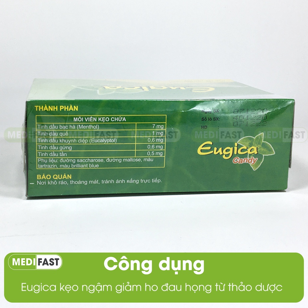 Eugica kẹo ngậm hỗ trợ giảm ho - Hộp 100 viên từ tinh dầu gừng, bạc hà, quế, khuynh diệp