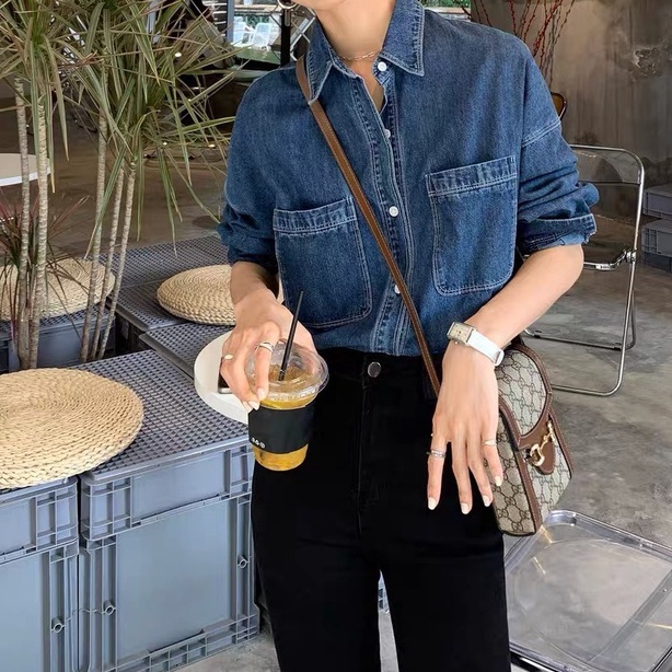 Áo Sơ Mi Denim Nữ Dài Tay - Sơ Mi Bò Nữ Có Túi Ngực Tay Dài Dày Dặn Phong Cách Hàn Quốc Siêu Đẹp