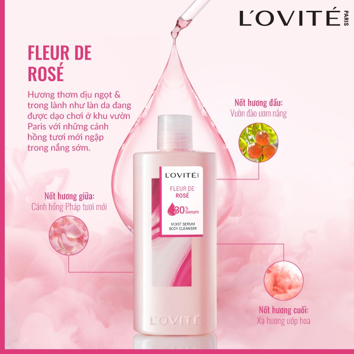 Sữa Tắm Dưỡng Ẩm Chứa Serum Dưỡng Da Mặt L’Ovité Hương Rose Ngọt Ngào 700ml