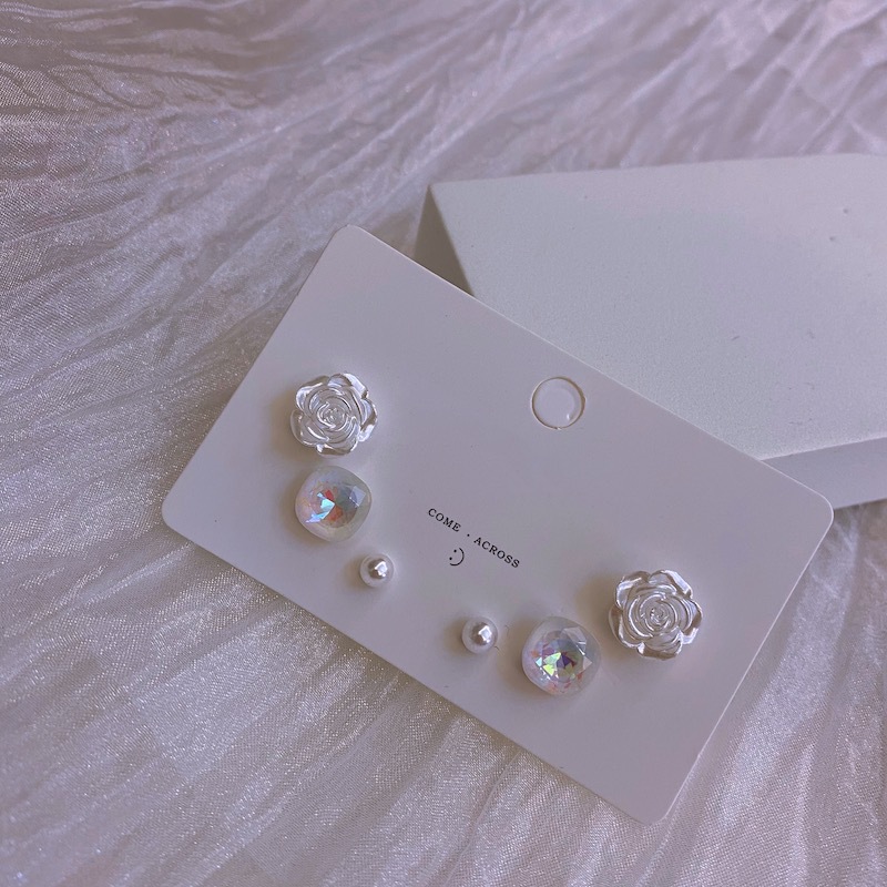 #100% Original# 3 Pairs/Set Simple White Pearl Flower Stud Earrings Set Fashion Geometric Earrings for Women