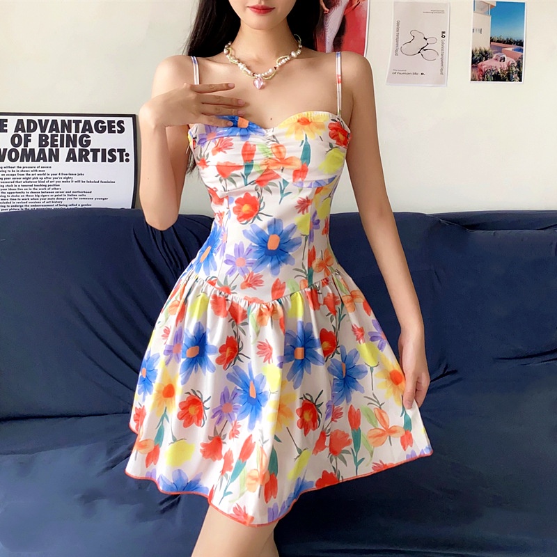 Đầm Hai Dây Hở Lưng In Hoa Phong Cách Pháp Ngọt Ngào Dành Cho Nữ