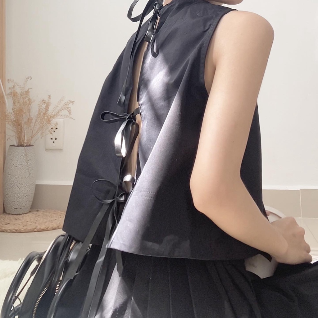 Áo kiểu croptop hở lưng thắt dây nơ cực hot , chất kaki dày dặn - immin.h