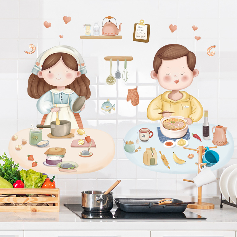 【Zooyoo】Cute couple wall sticker warm kitchen decoration stickers Restaurant milk tea shop decoration wall paste