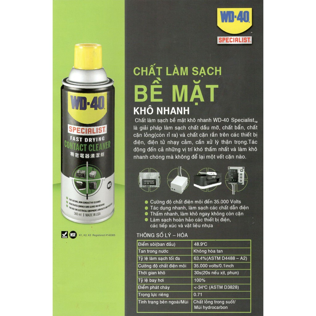 Làm sạch bề mặt khô nhanh, vệ sinh mạch điện, giắc, khớp nối điện WD-40 Specialist Fast Drying Contact Cleaner 360ml