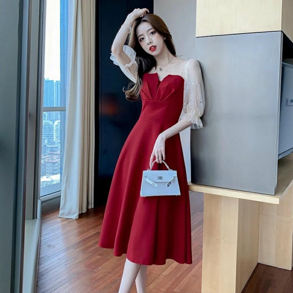 TBL-Ảnh thật Đầm xếp ly ngực tay lỡ lưới dáng xòe có mút ngực sexy tôn dáng màu đỏ freesize