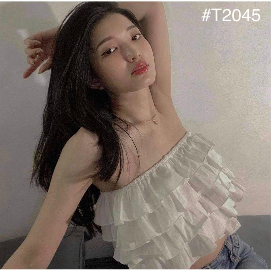 Áo ống croptop phối nhún đan lưng thời trang màu trắng