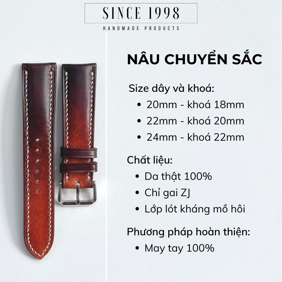 Dây Đồng Hồ Da Bò Nam 19mm 20mm 21mm 22mm 24mm, Da Thật, Handmade, Chống Nước, Chính Hãng, Màu Chuyển Sắc, BH 12 Tháng