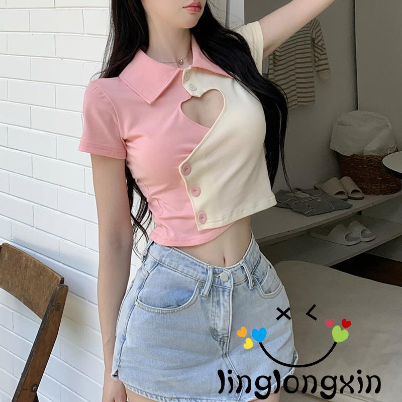 Áo Thun Ngắn Tay Phối Màu Tương Phản Thời Trang Mùa Hè Cho Nữ Linglongxi2