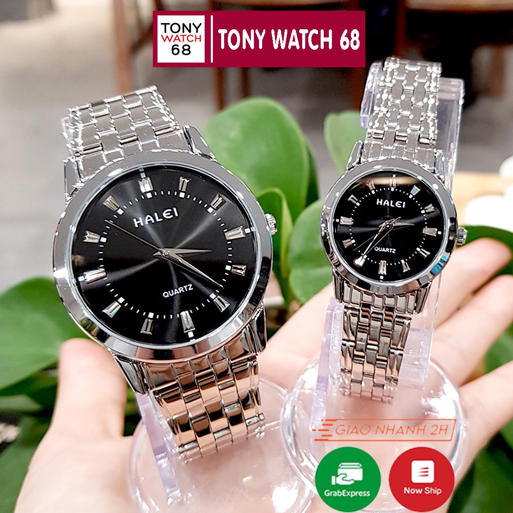 Đồng hồ cặp đôi nam nữ Halei mặt trắng dây da kim loại chính hãng Tony Watch 68
