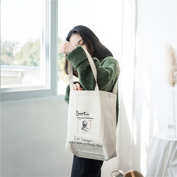 Túi Vải Canvas Đựng Sách Học Sinh Đeo Ngang Thêu Chữ Phong Cách Hàn Quốc Túi Tote Canvas Đi Học Ulzzang