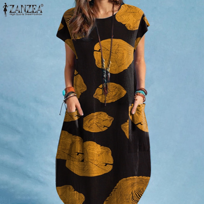 Đầm ZANZEA tay ngắn cổ tròn in họa tiết thời trang dành cho nữ