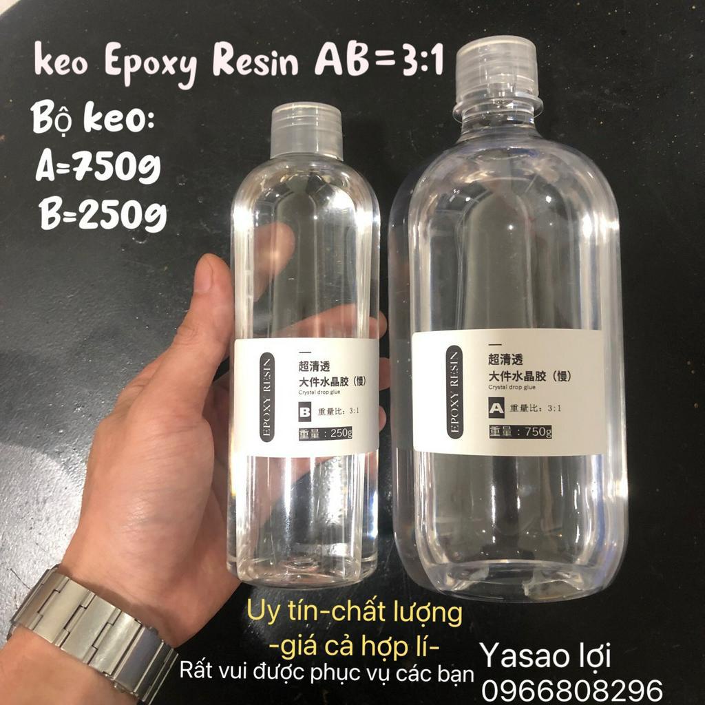 Keo Epoxy Resin AB 3:1 = 1kg nhựa trong suốt loại cứng, tự tan bọt, chống ngả vàng