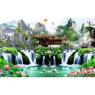 Tranh dán tường 3D thác nước  - VẢI LỤA  phủ kim sa (kích thước theo yêu cầu)