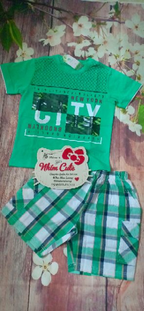 Bộ áo thun cotton +quần sọc caro bé trai