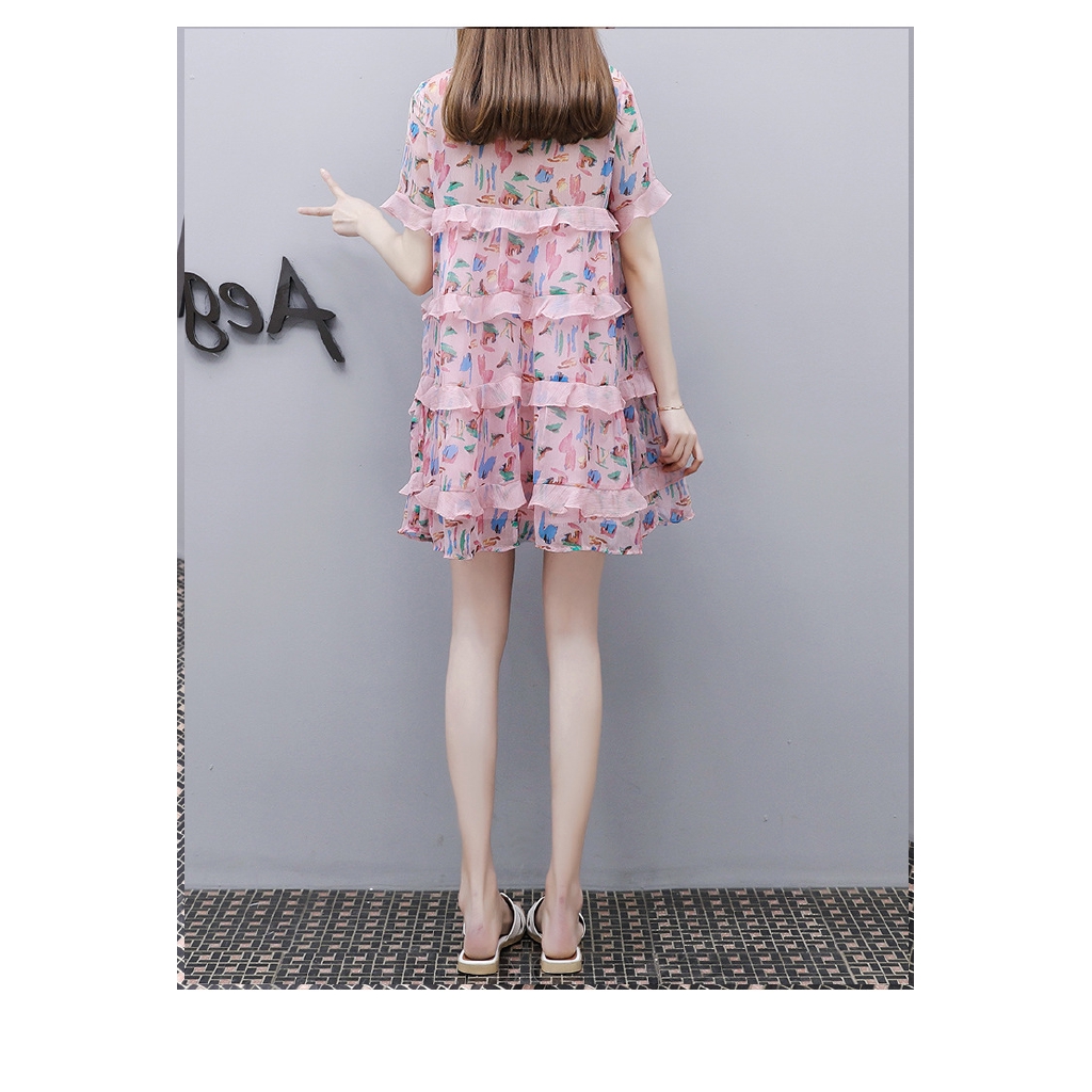 Lady's New Loose Doll Collar Chiffon A-line Dress Women Summer Pink Floral Dress