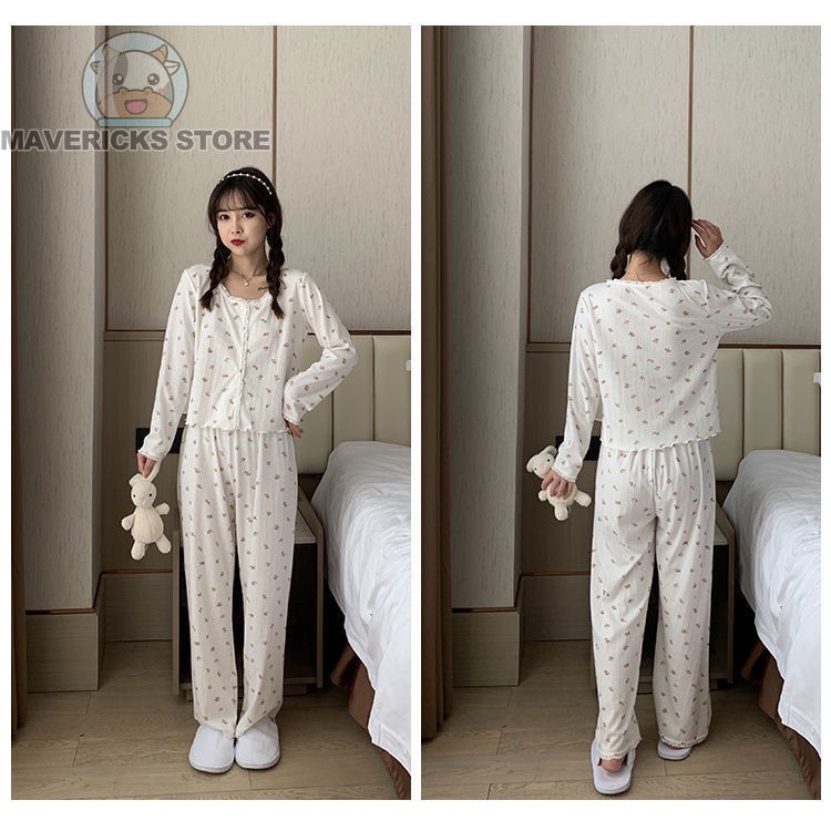 Bộ Đồ Ngủ Tay Dài Dáng Rộng In Hoa Phong Cách Hàn Quốc Thời Trang Mùa Thu Xinh Xắn Cho Nữ