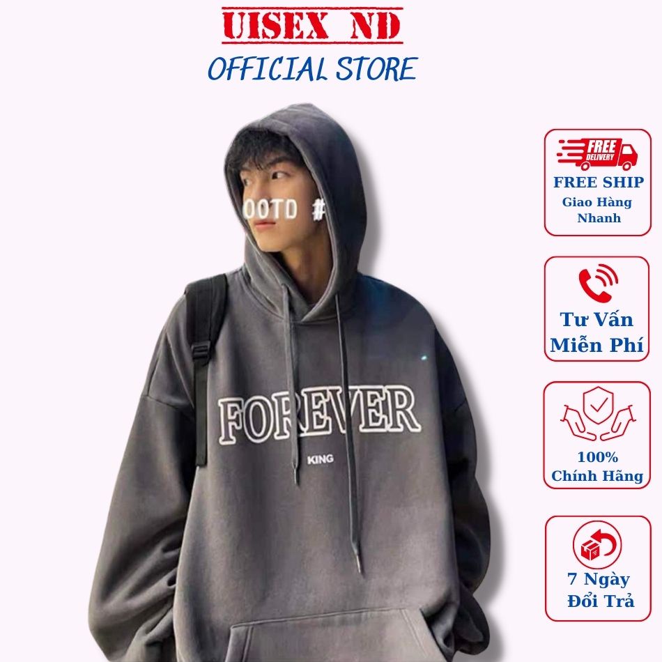 Áo nỉ có mũ in chữ Forever 3 màu xám, trắng đen, đủ size, chất dày dặn ấm áp, form rộng tay dài