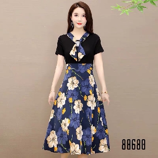 [MẪU MỚI]Đầm Thun Nhập Phối Lụa Hoa,Cổ  Ép Đá Siêu Hot 80680