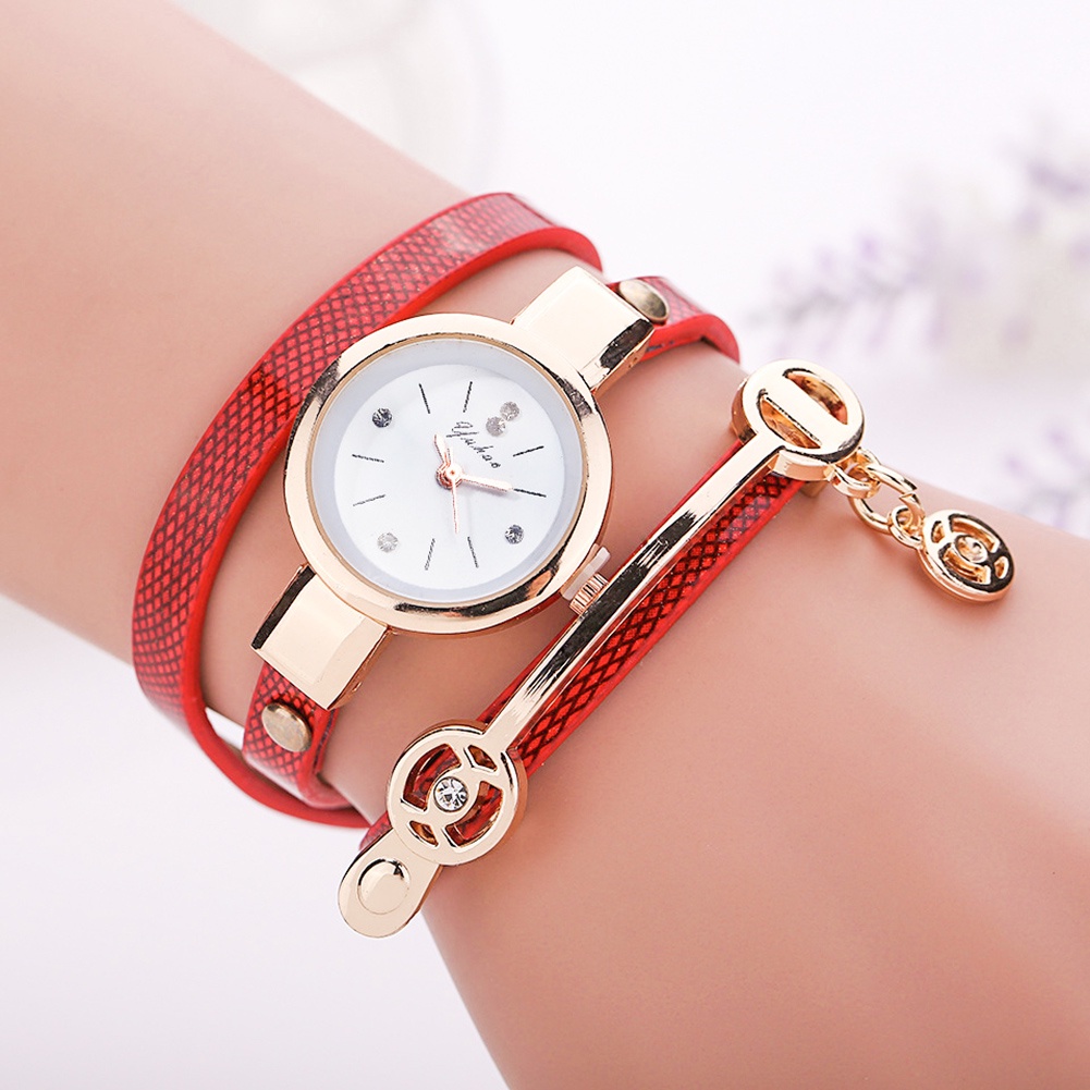 MACmk Women Rhinestone Multilayer Bracelet Faux Leather Strap Analog Quartz Wristwatch