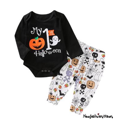 Set bộ đồ ngủ liền thân + Quần dài họa tiết trái bí đỏ Halloween dễ thương cho bé