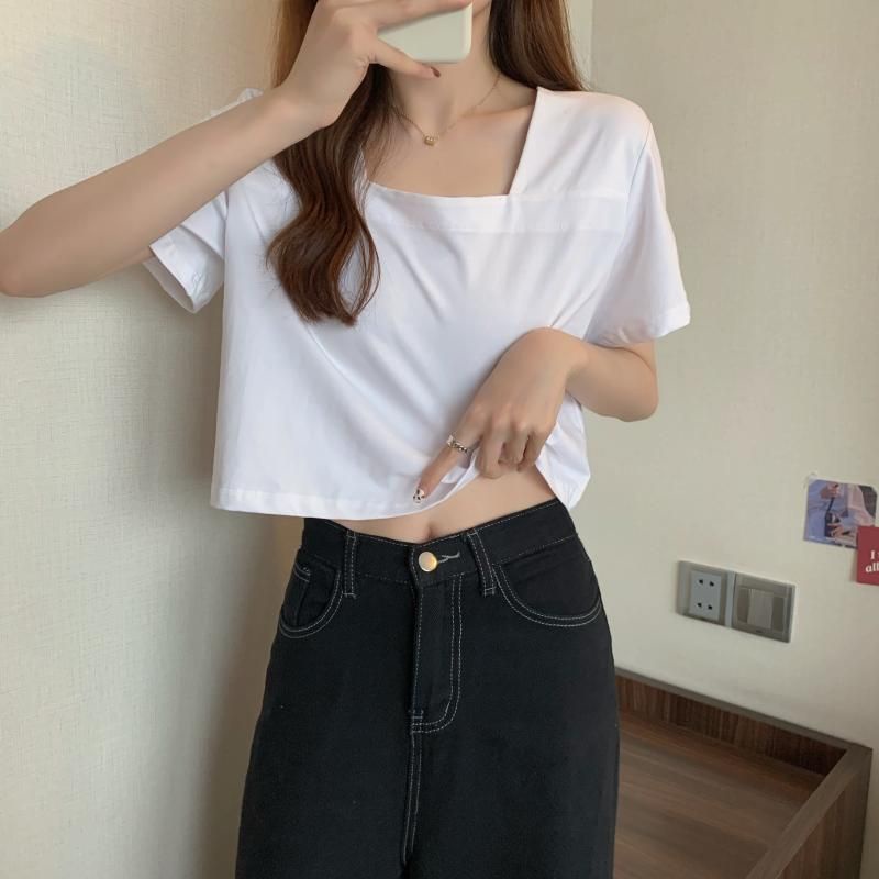 Áo Thun Croptop Tay Ngắn Cổ Vuông Siêu Cute