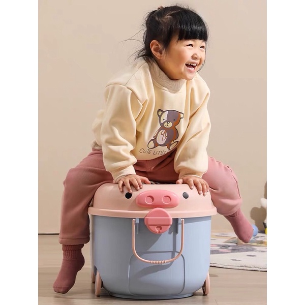Thùng Đựng Đồ Chơi, Hộp Đựng Đồ Dùng Cho Bé Hình Heo Có Bánh Xe, Nắp Có Thể Chơi Xếp Hình