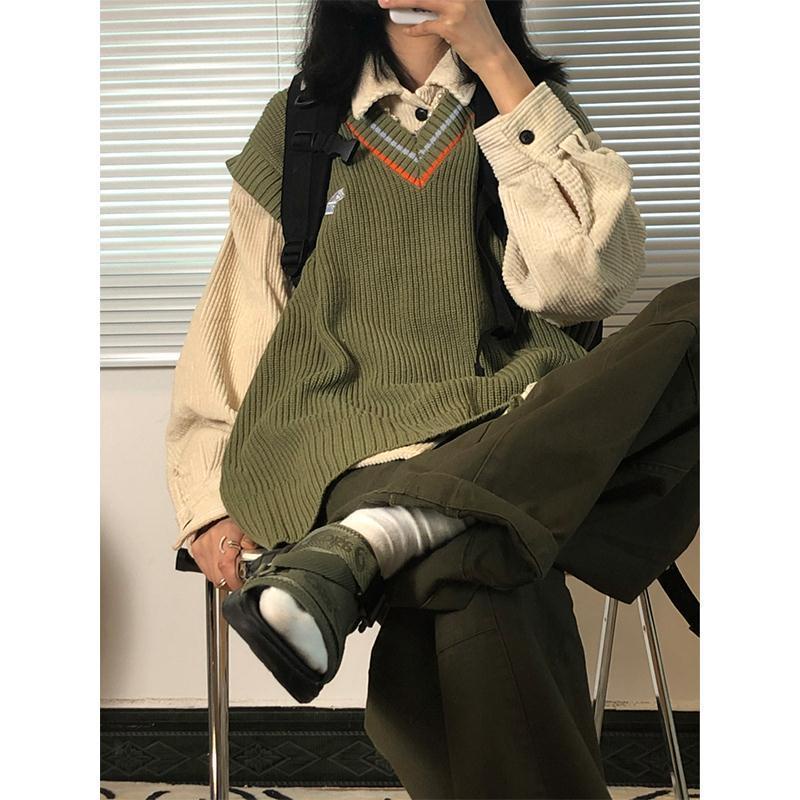 Áo sweater Dệt Kim Sát Nách Dệt Kim Dáng Rộng Một Mảnh Xẻ Tà Phong Cách Xuân Thu Đông