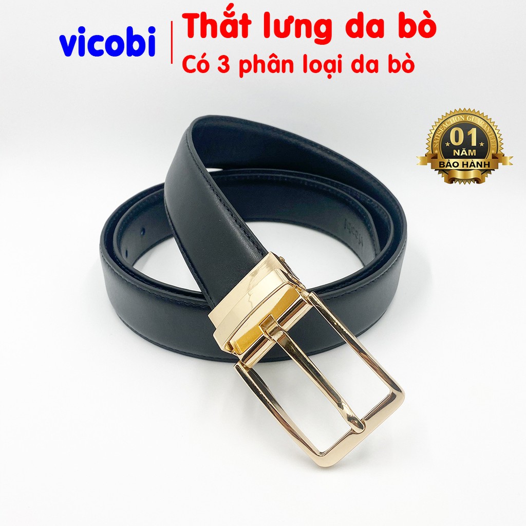 Thắt lưng nam Da Bò Vicobi, dây lưng khóa kim, dây nịt khoá vàng vuông TLV2, sản xuất tại Việt Nam