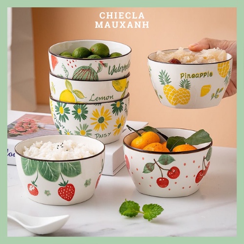 Bát ăn cơm, chén ăn cơm sứ hình trụ họa tiết hoa quả trái cây kèm thìa sứ - Đồ decor phong cách Hàn Quốc