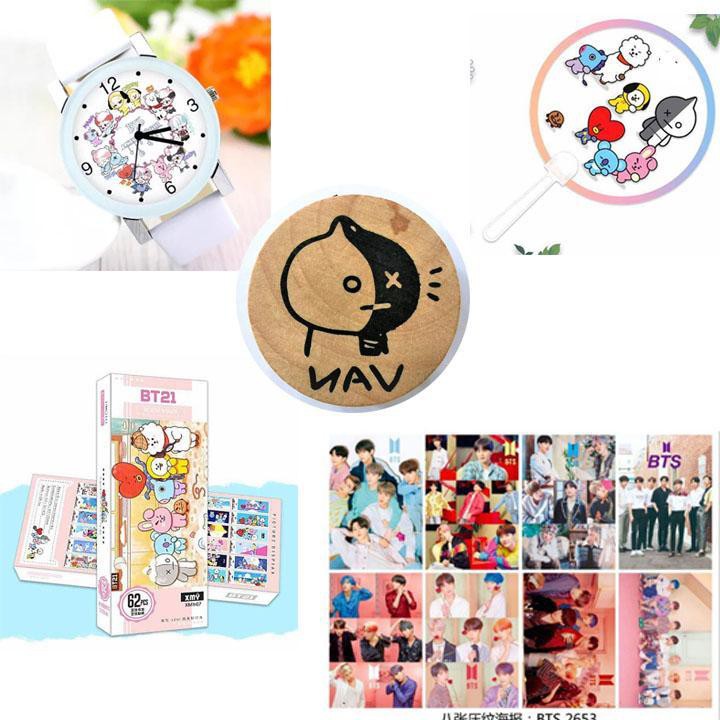 (M22) Combo BTS 5 món gồm 1 đồng hồ 1 ấn hình VAN 1 quạt tròn cầm tay 1 hộp bookmark 1 poster 8 tấm A3