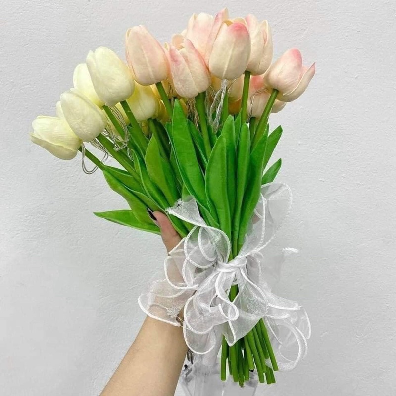 Bó 10 bông hoa tuylip đèn led phát sáng Hoa lụa giả kèm nơ xinh Decor trang trí nhà cửa, phụ kiện chụp studio