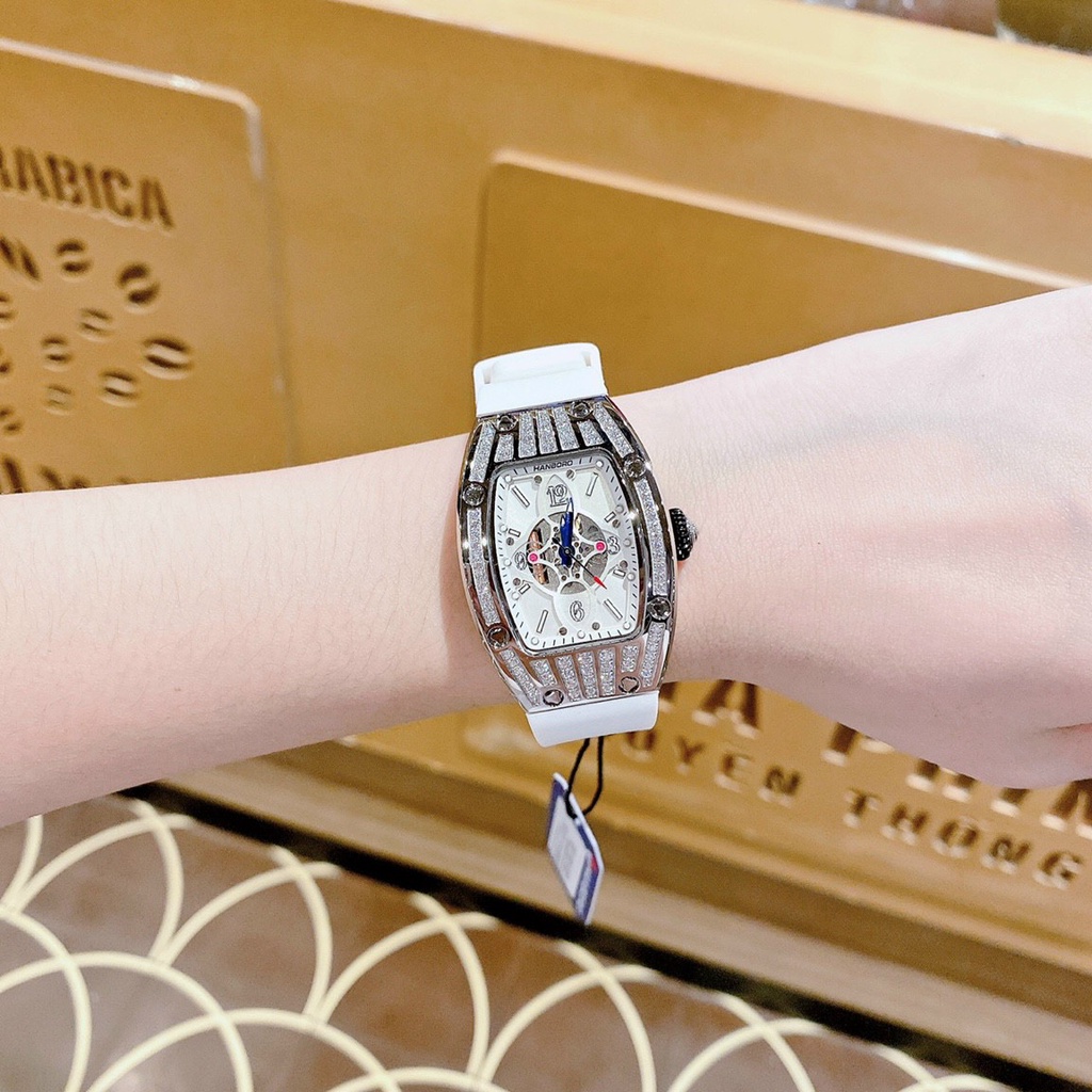 Đồng Hồ Nữ hanboro Quartz , Dây Cao Su Màu Trắng , Size 38x30mm