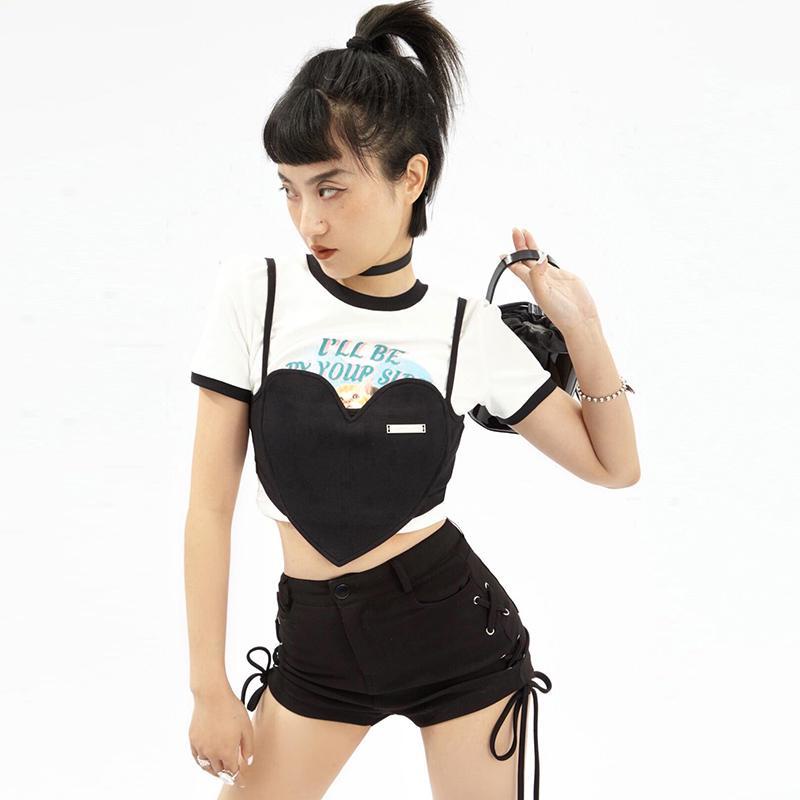 Set áo thun tay ngắn cổ tròn màu tương phản in hình mèo + áo dây hình trái tim phong cách hot girl mùa xuân có bán lẻ