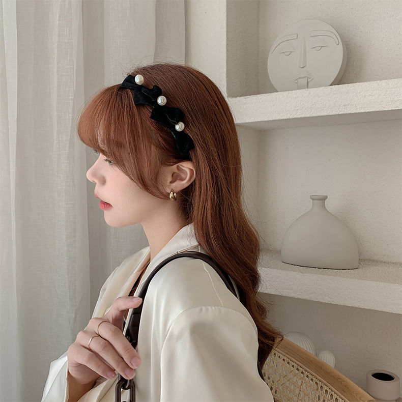 【Bán Buôn】Hoop/Dongdaemun Hàn Quốc Dễ Thương Ngọc Trai Headband Màu Đen Nhung Bow Headband Hoang Dã Rửa Mặt Kẹp Tóc Kẹp Tóc Nữ Thủy Triều