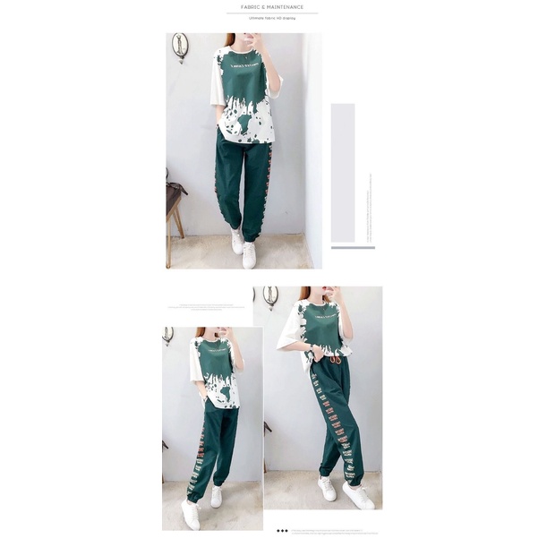 Set đồ thể thao 2 món Áo tay ngắn dáng rộng phối Quần dài thời trang cá tính cho nữ (có bán lẻ)