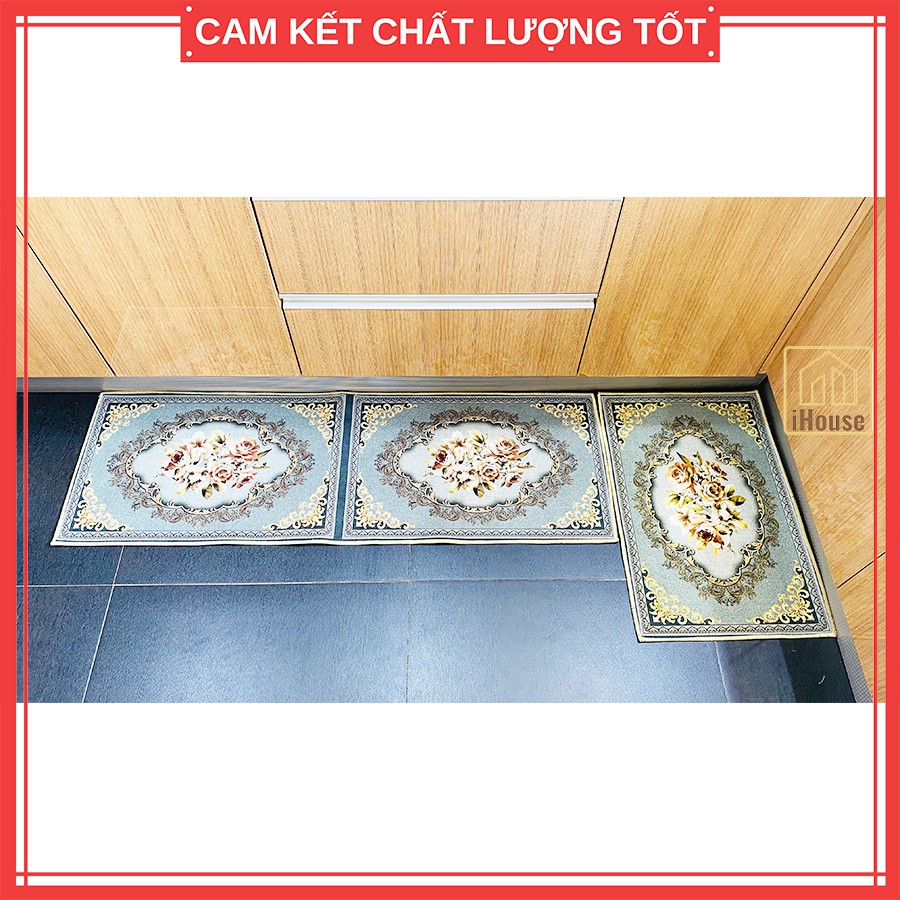 Bộ thảm lau chân nhà bếp họa tiết Cổ Điển màu xám, thảm nhà bếp dài trang trí bền đẹp (gồm 2 miếng)