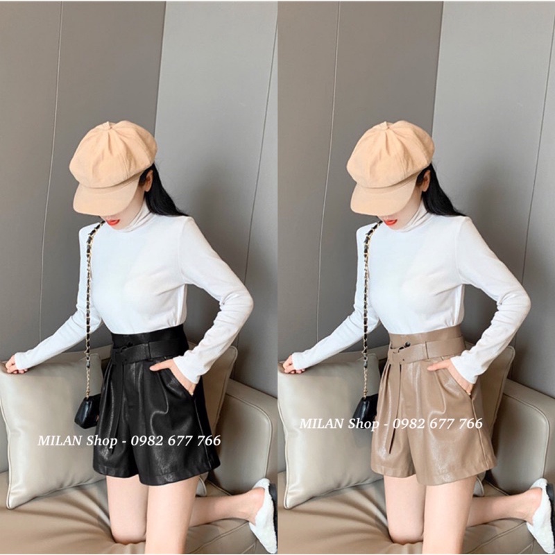 Quần short da cạp cao kèm belt thời trang