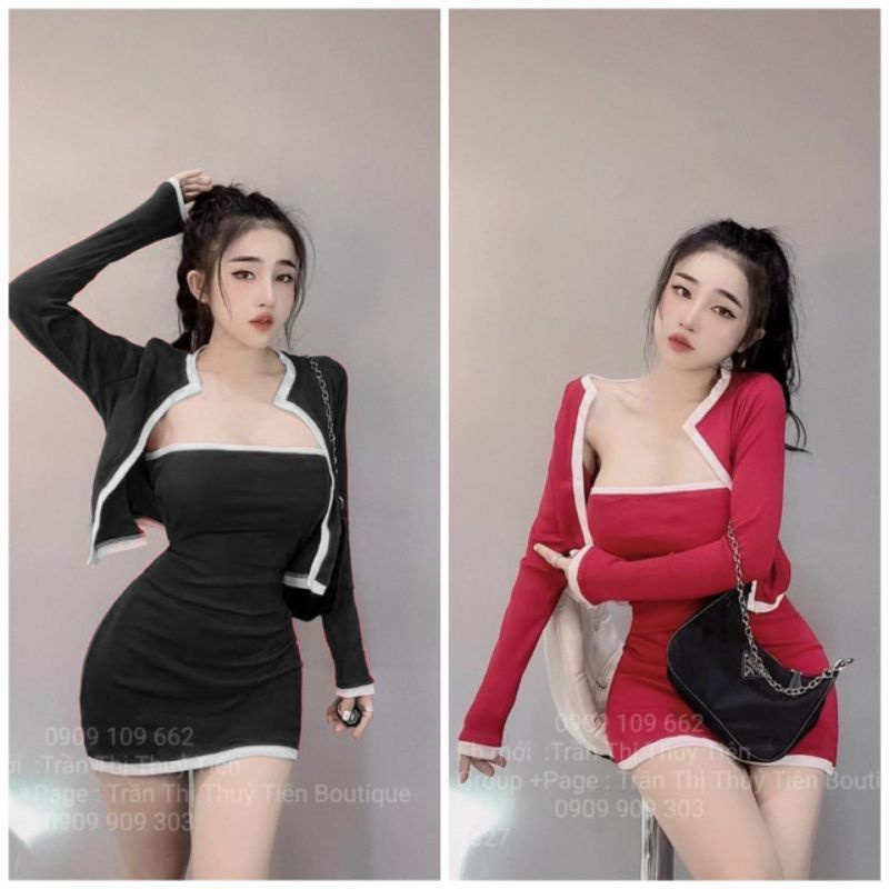 BIGSIZE SET ĐẦM ỐNG VIỀN KÈM KHOÁT CROP TOP TAY DÀI